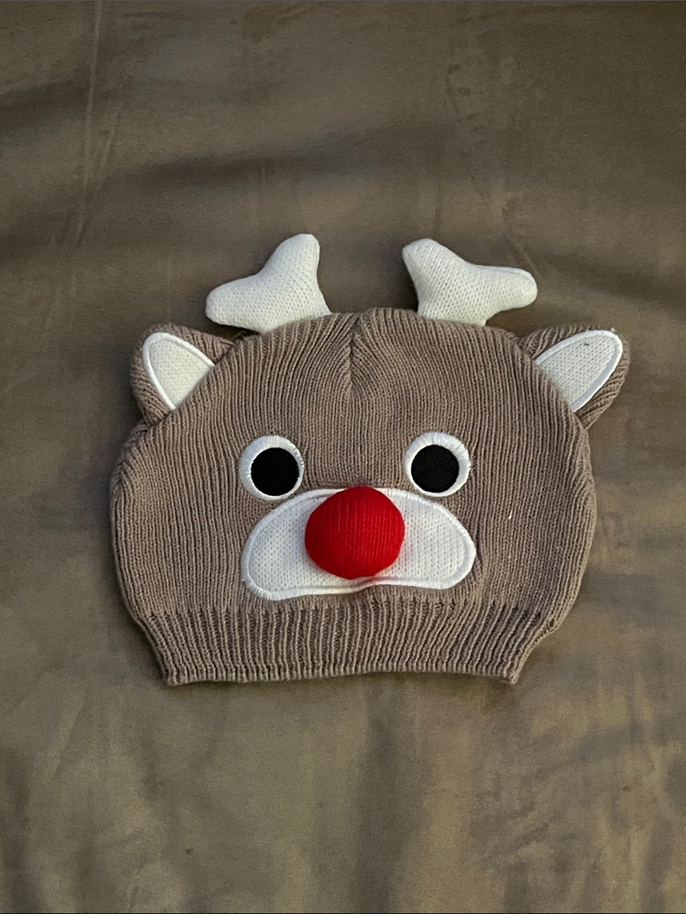 Kids Reindeer Beanie Hat with Red Nose - Brown